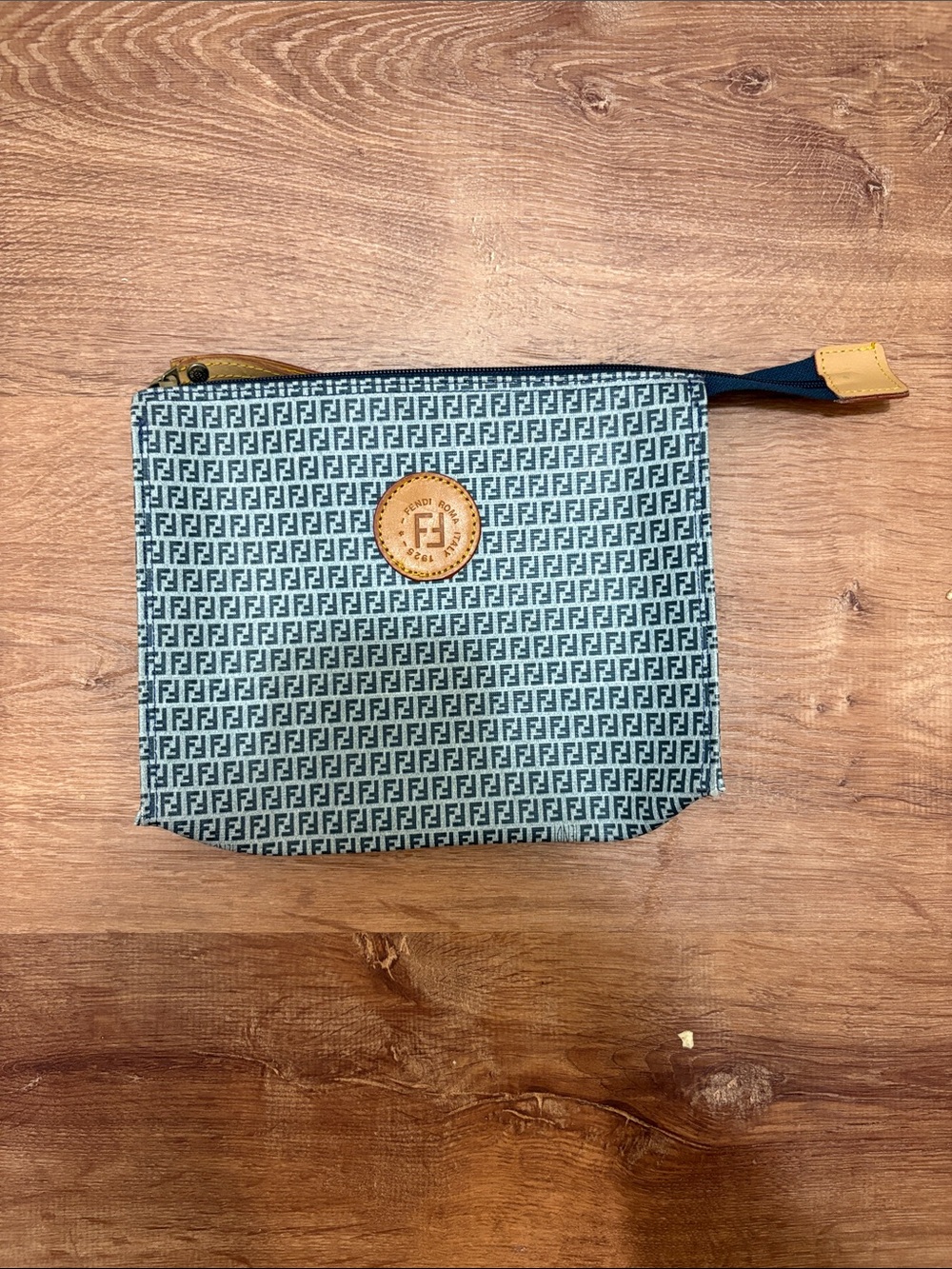 Fendi Navy Men’s Monogram Toiletry Pouch with Tan Leather Circular Logo